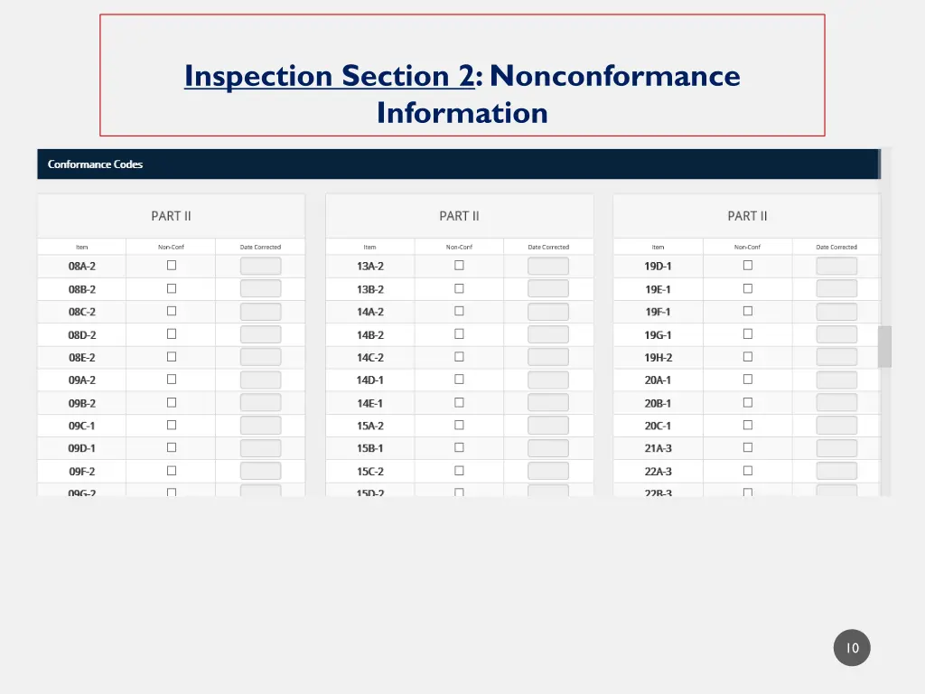 inspection section 2 nonconformance information