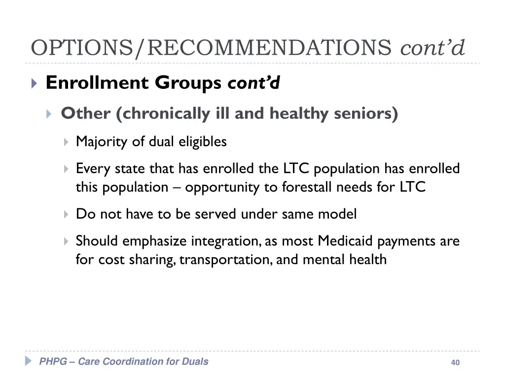 options recommendations cont d