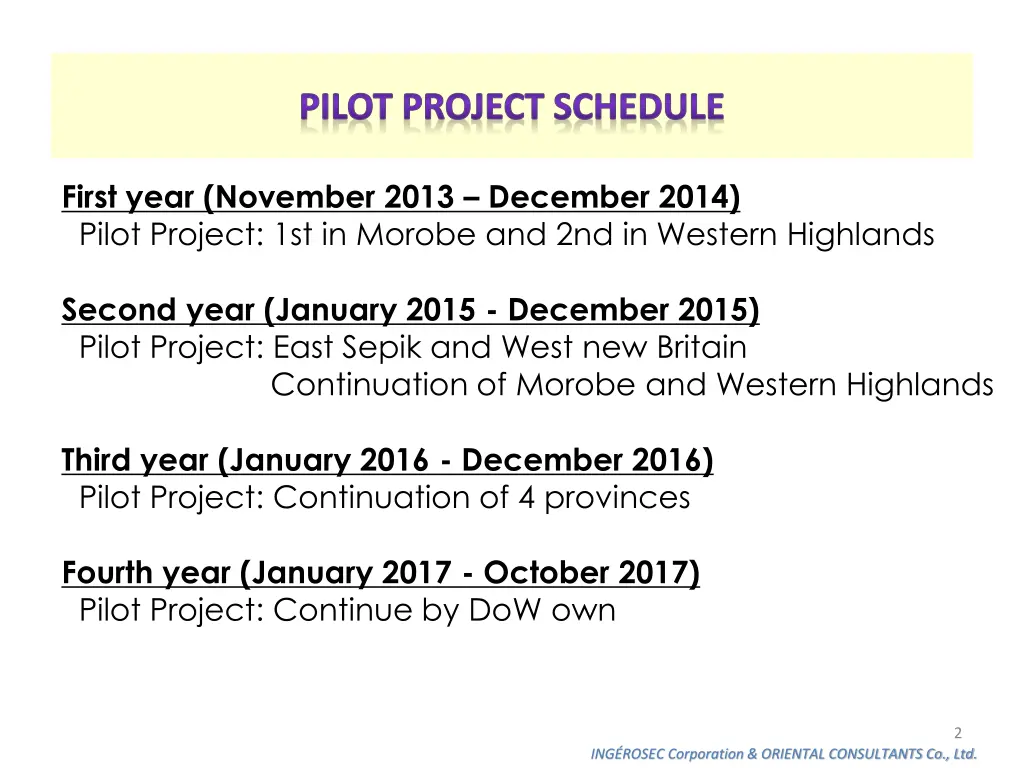 pilot project schedule