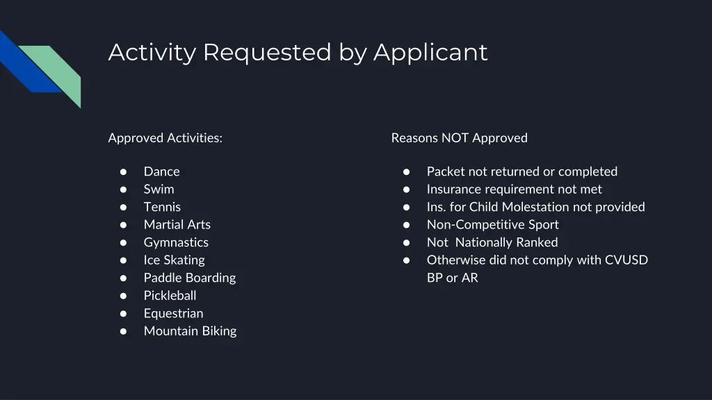 activity requested by applicant