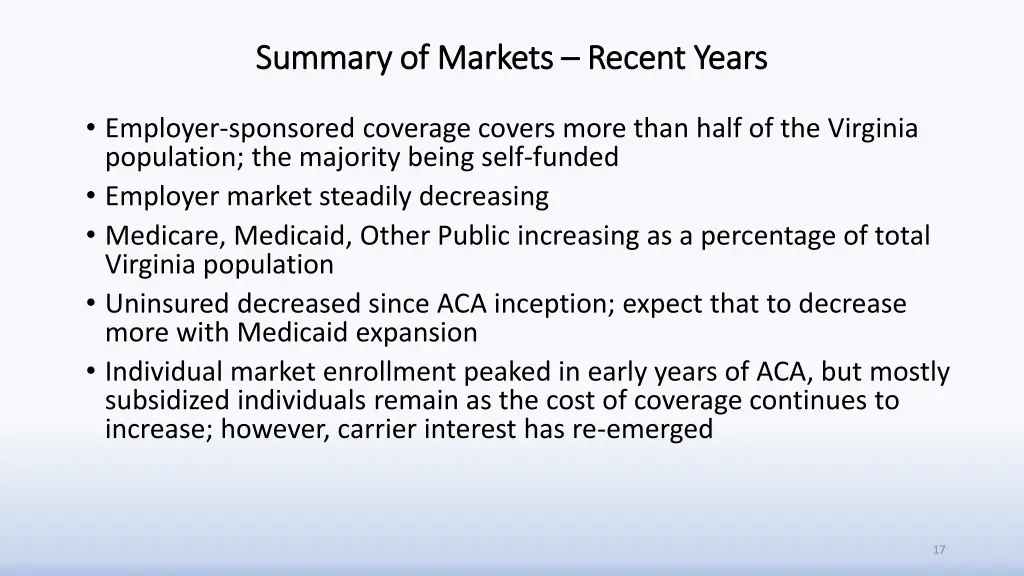 summary of markets summary of markets recent years