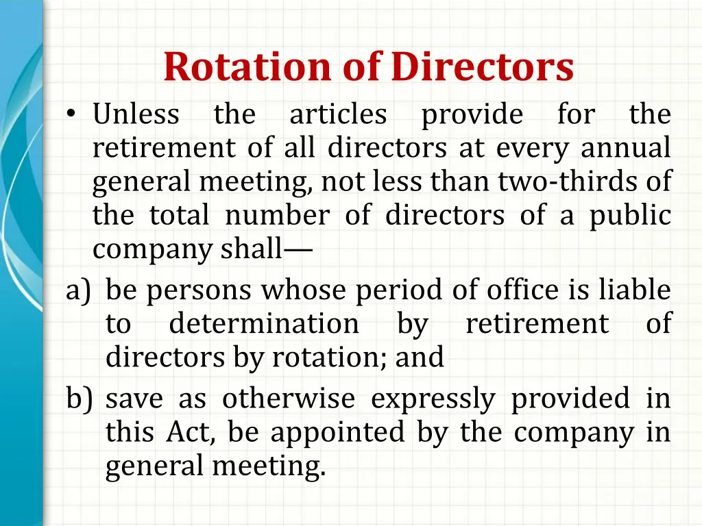 rotation of directors unless the articles provide