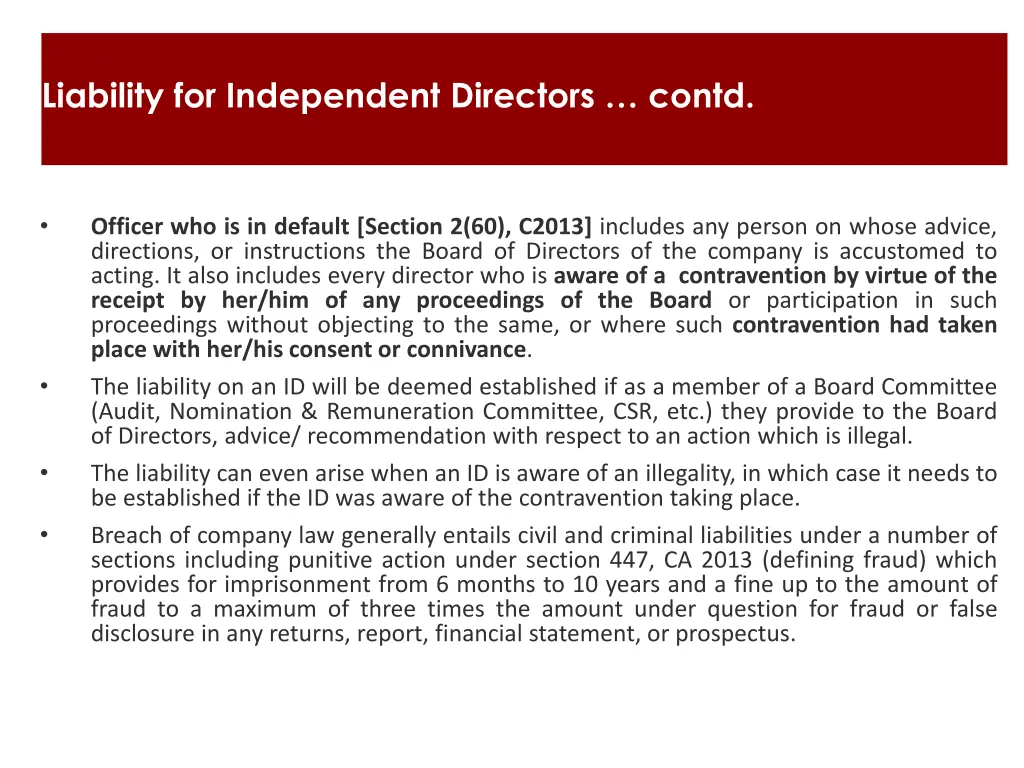 liability for independent directors contd