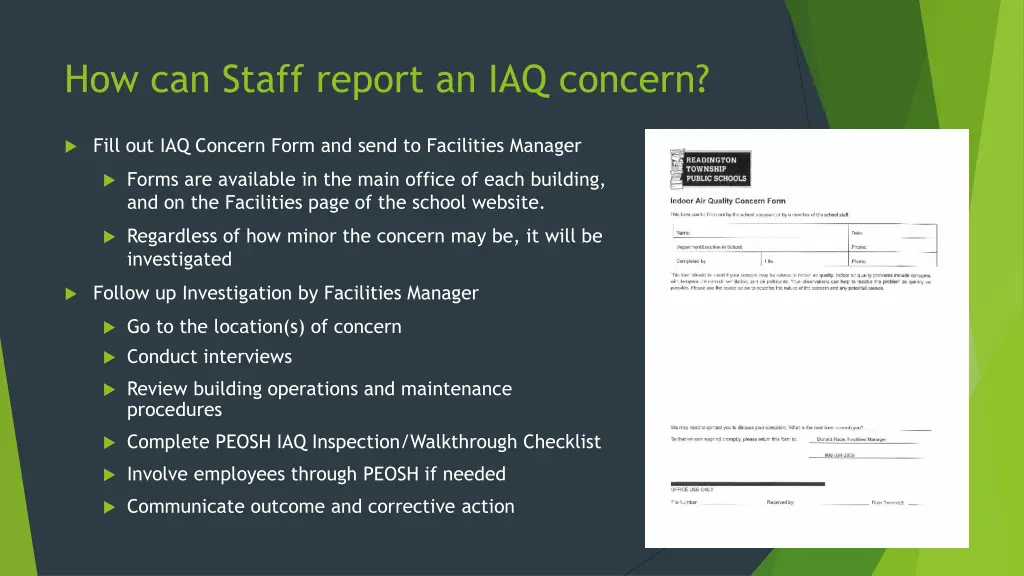 how can staff report an iaq concern