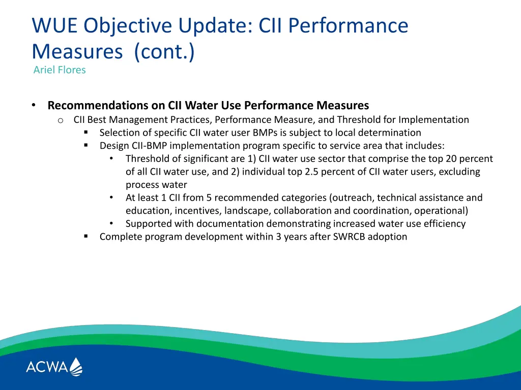 wue objective update cii performance measures cont