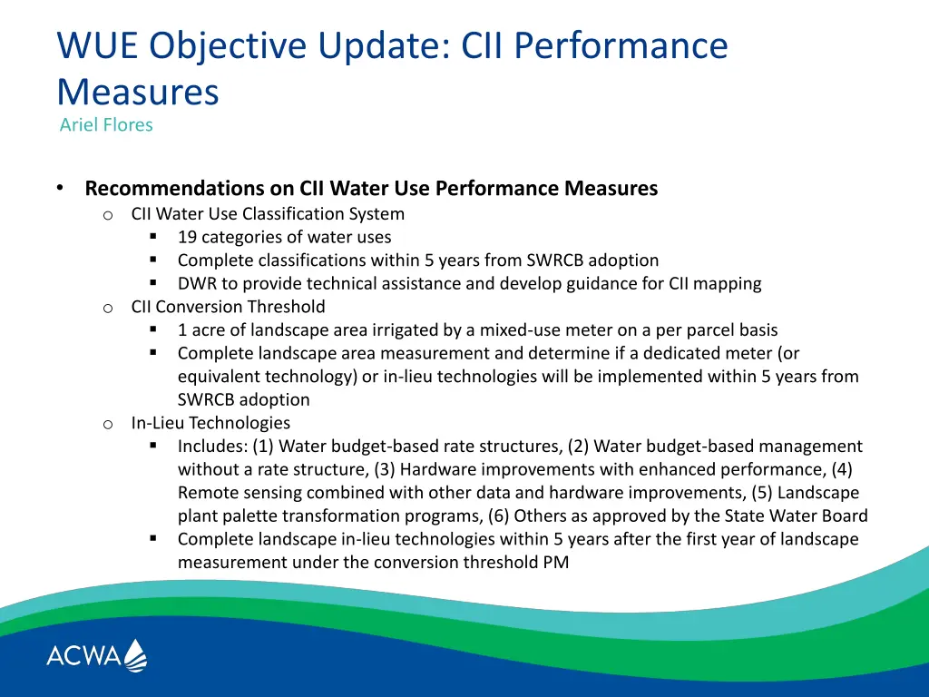 wue objective update cii performance measures