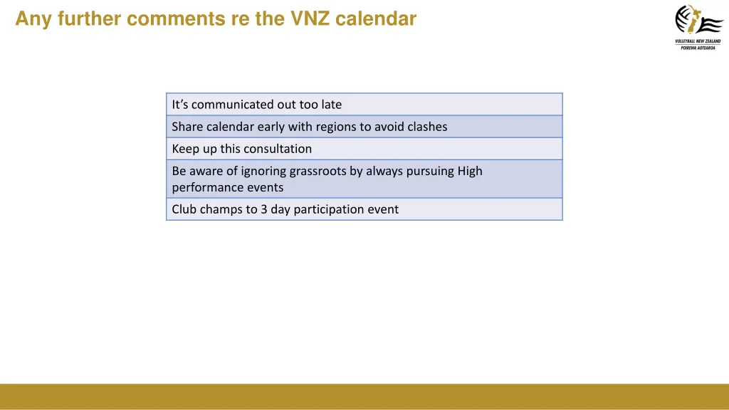 any further comments re the vnz calendar