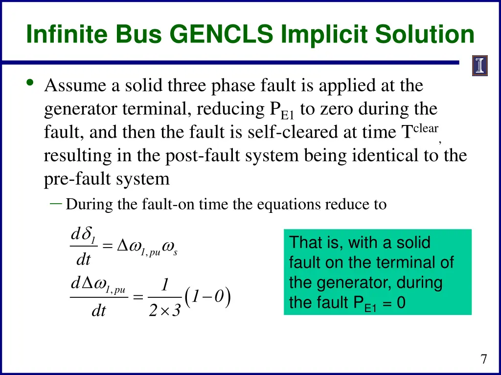 infinite bus gencls implicit solution