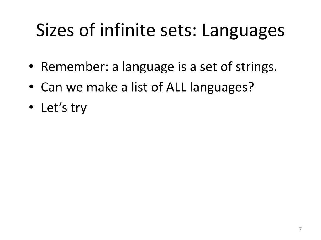 sizes of infinite sets languages