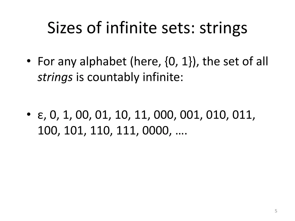 sizes of infinite sets strings