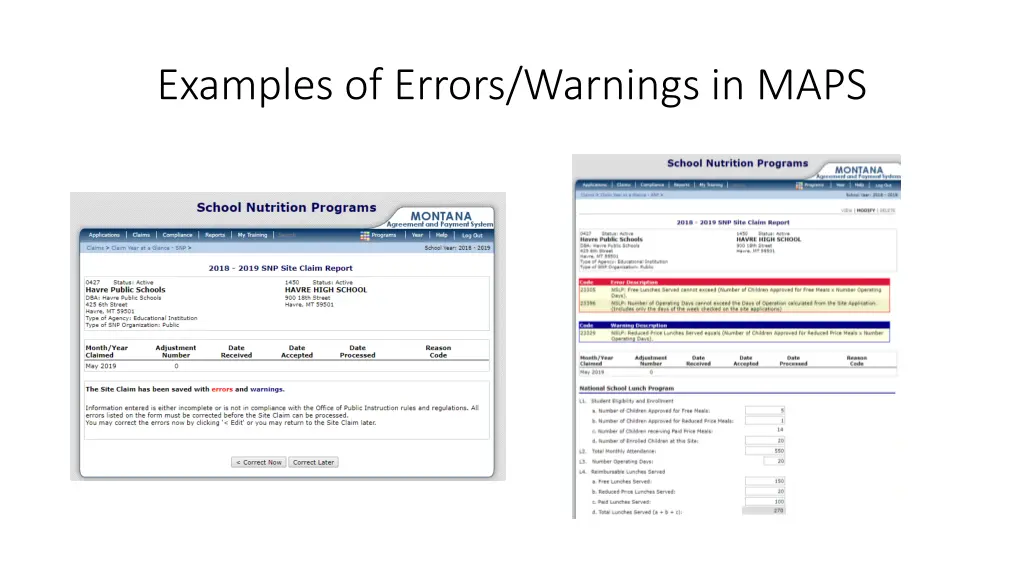 examples of errors warnings in maps