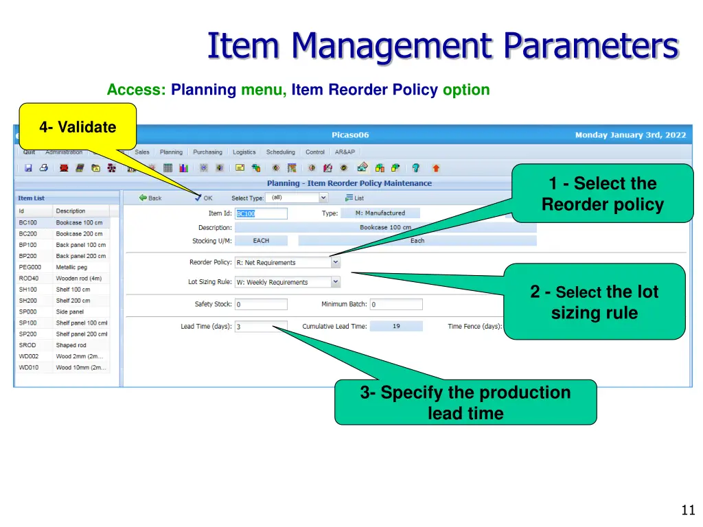 item management parameters