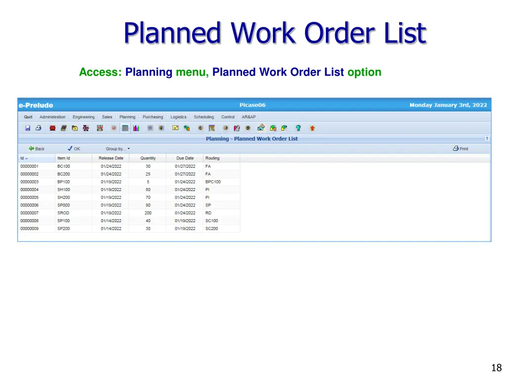 planned work order list