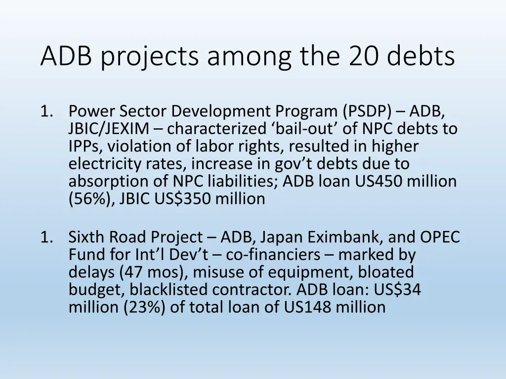 adb projects among the 20 debts