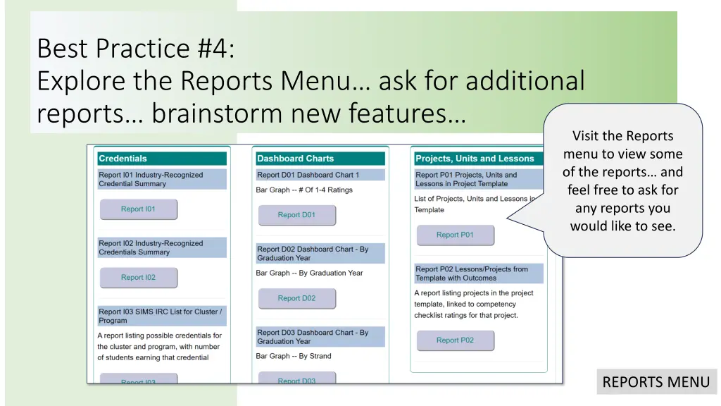 best practice 4 explore the reports menu