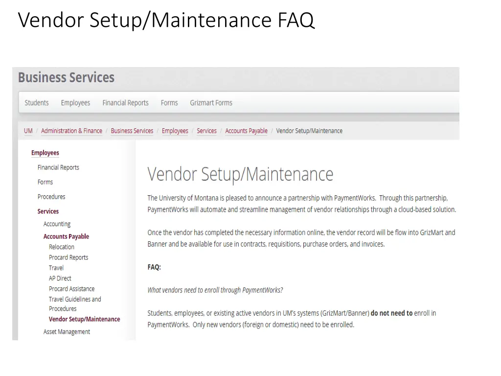 vendor setup maintenance faq