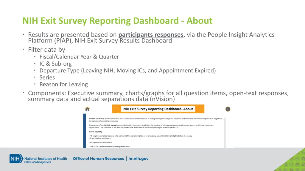 nih exit survey reporting dashboard about