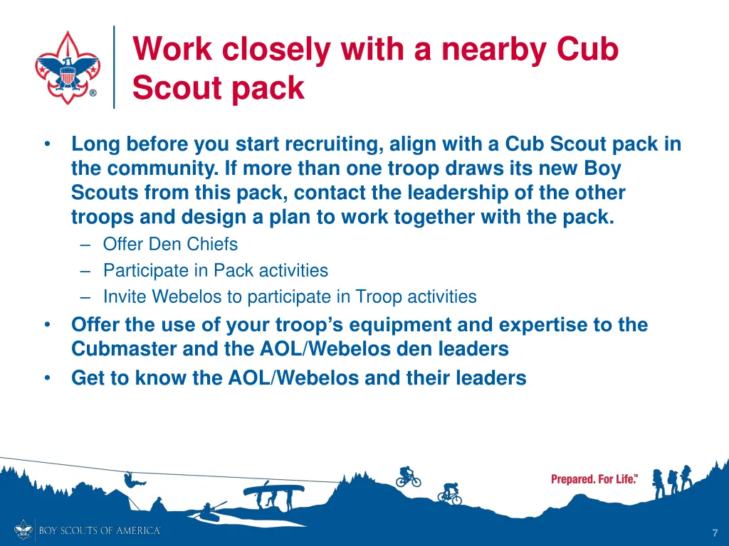 work closely with a nearby cub scout pack