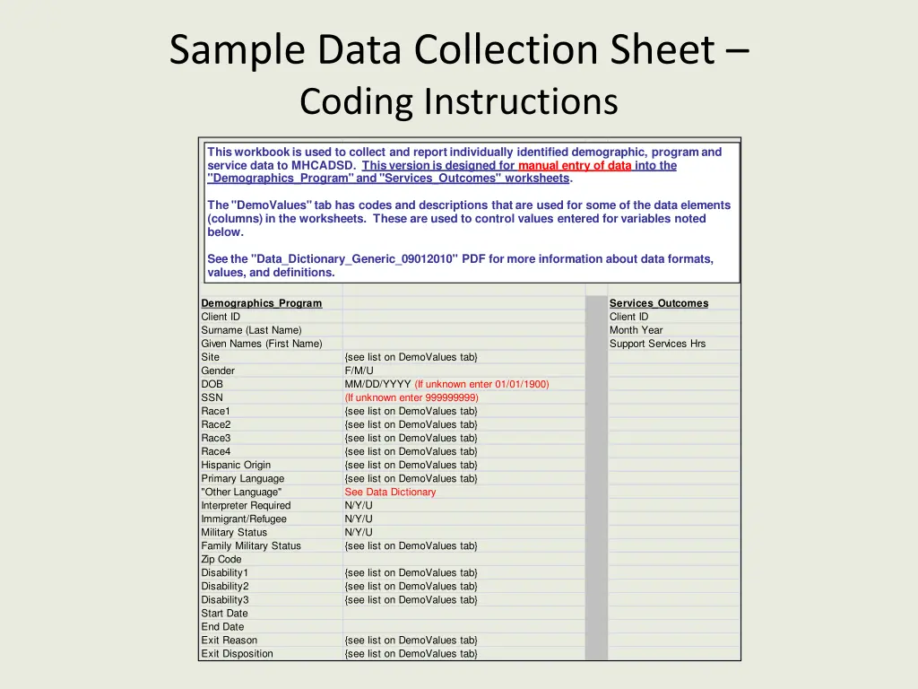 sample data collection sheet coding instructions