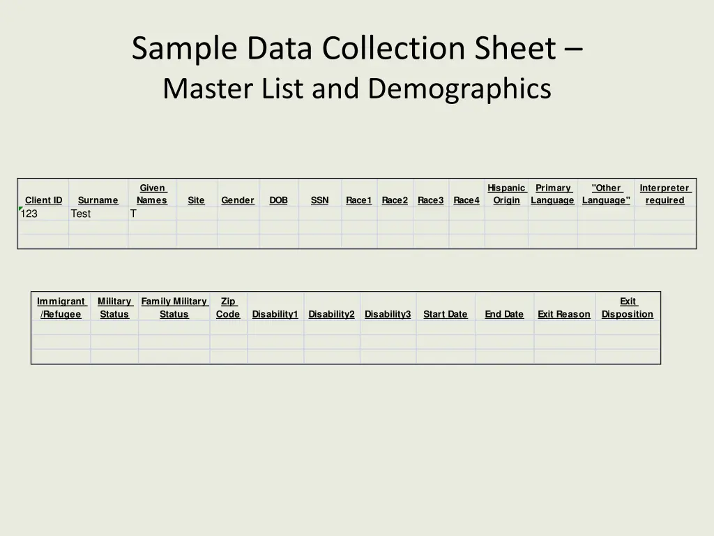 sample data collection sheet master list