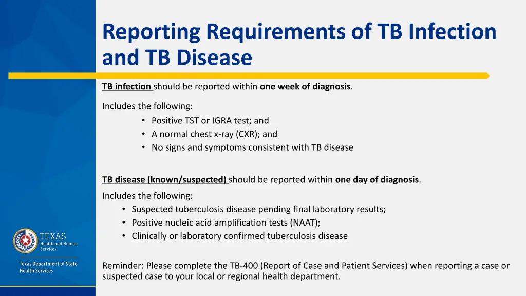 reporting requirements of tb infection