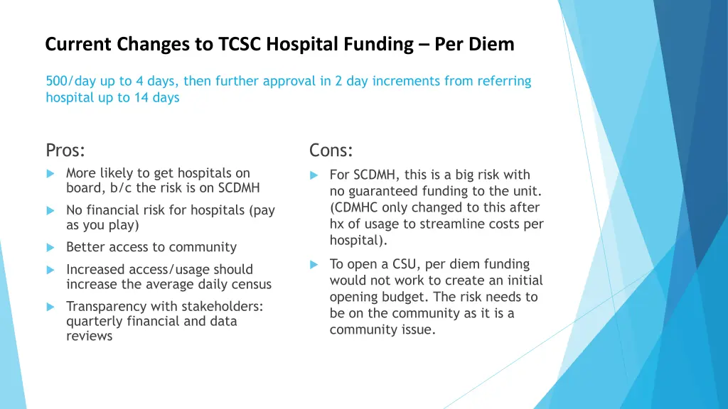 current changes to tcsc hospital funding per diem