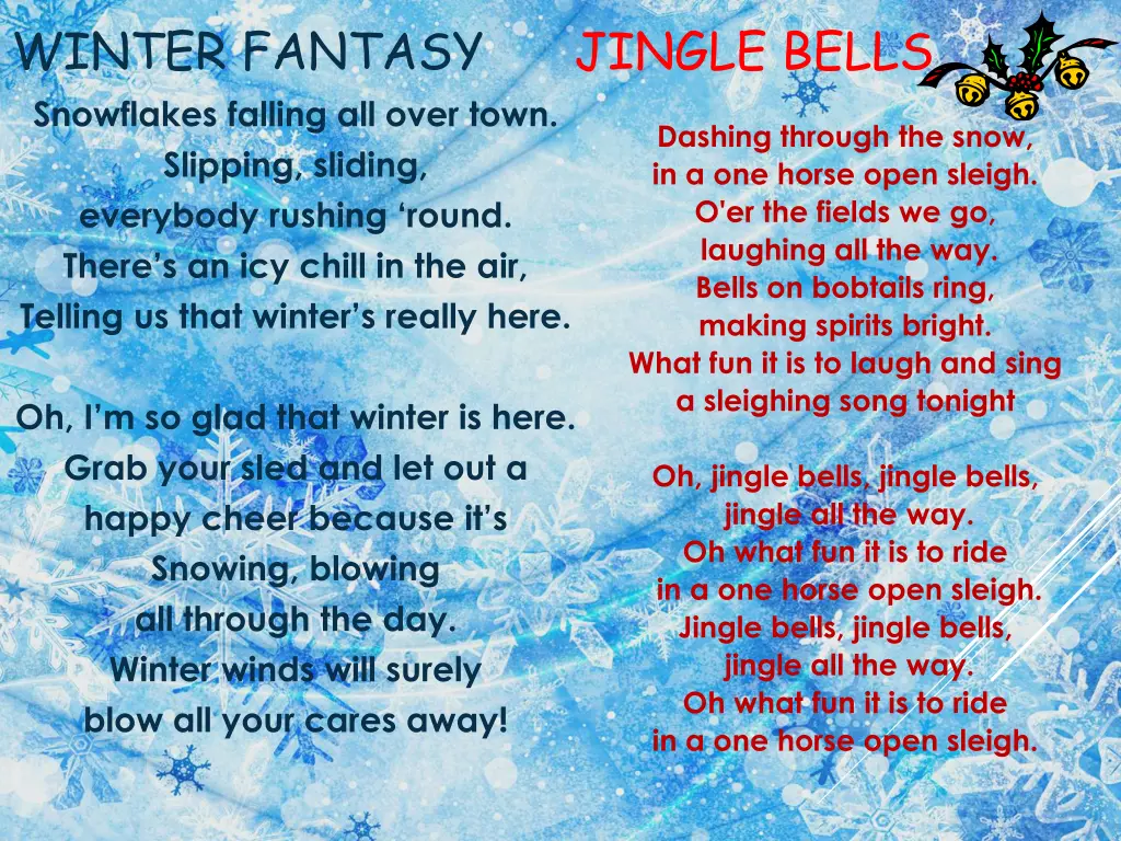 winter fantasy jingle bells snowflakes falling