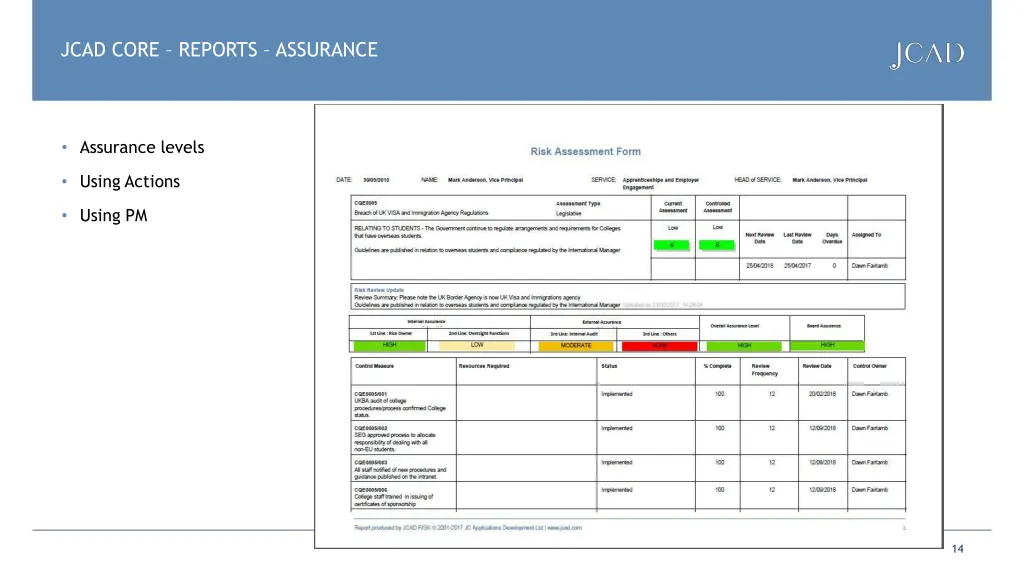 jcad core reports assurance