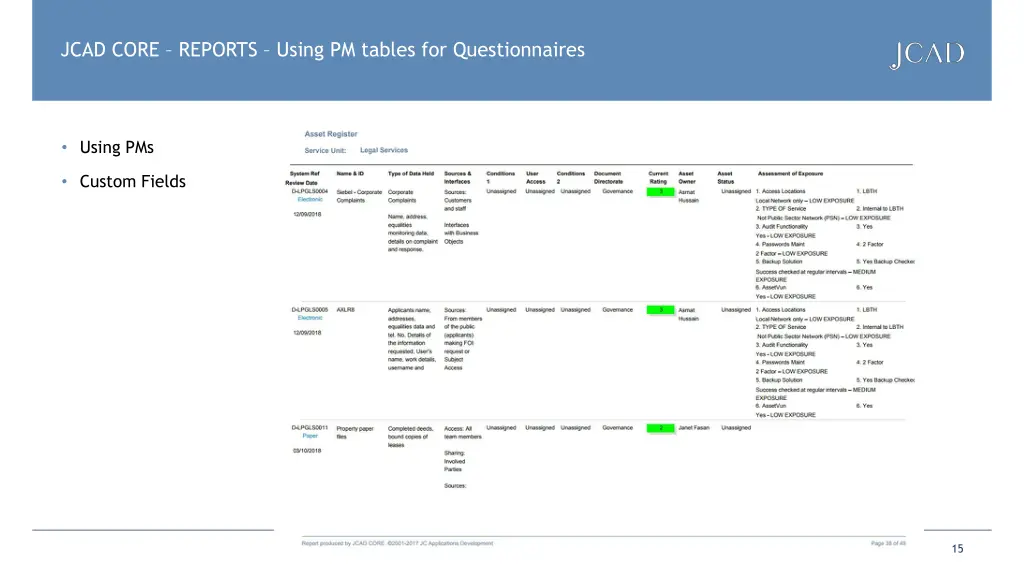 jcad core reports using pm tables