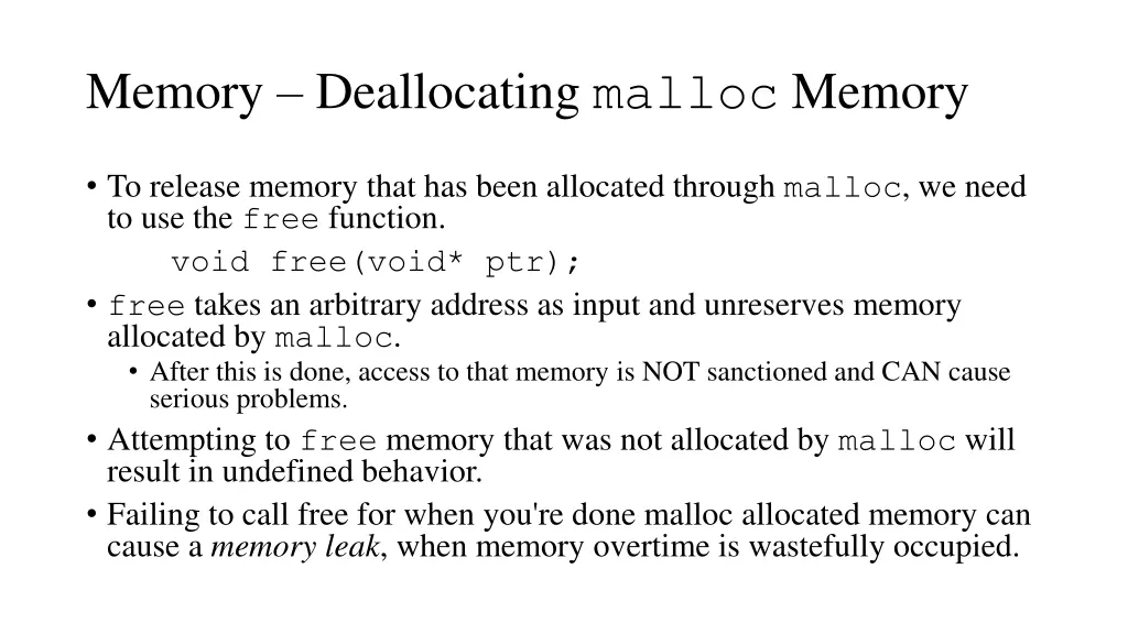 memory deallocating malloc memory