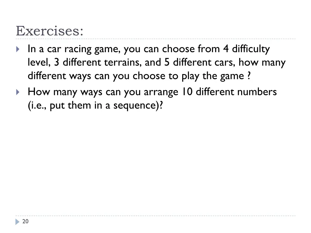 exercises in a car racing game you can choose