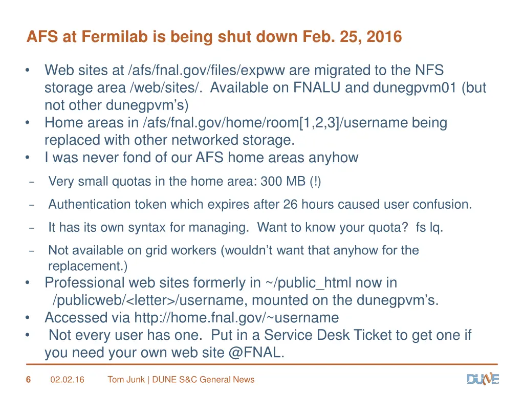 afs at fermilab is being shut down feb 25 2016