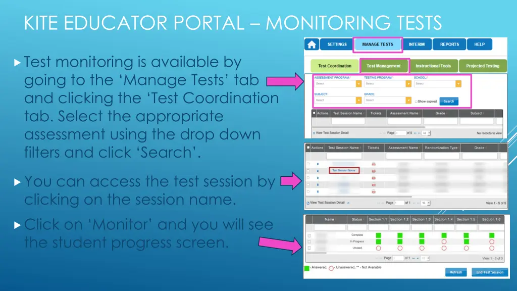 kite educator portal monitoring tests