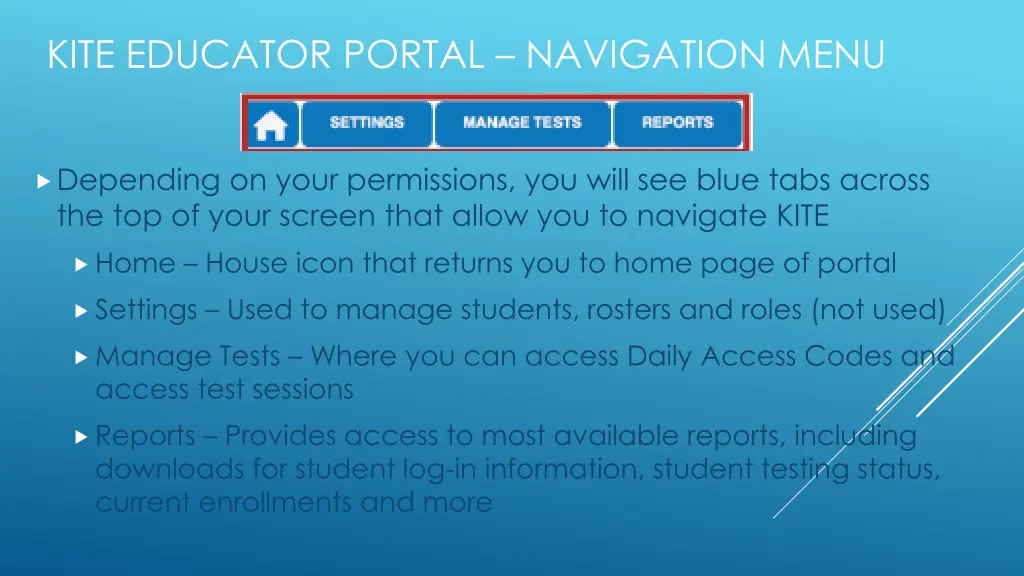 kite educator portal navigation menu