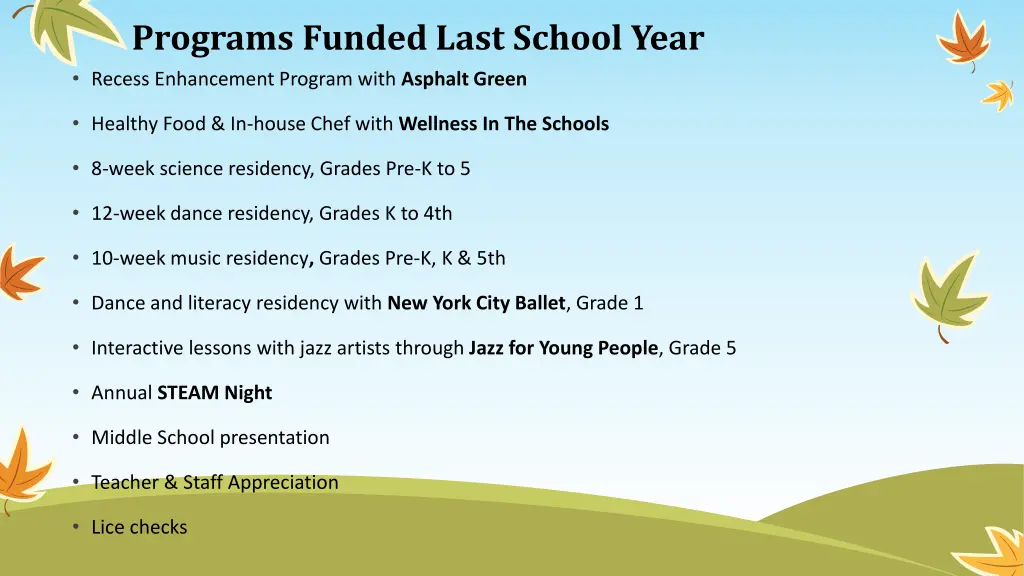 programs funded last school year recess