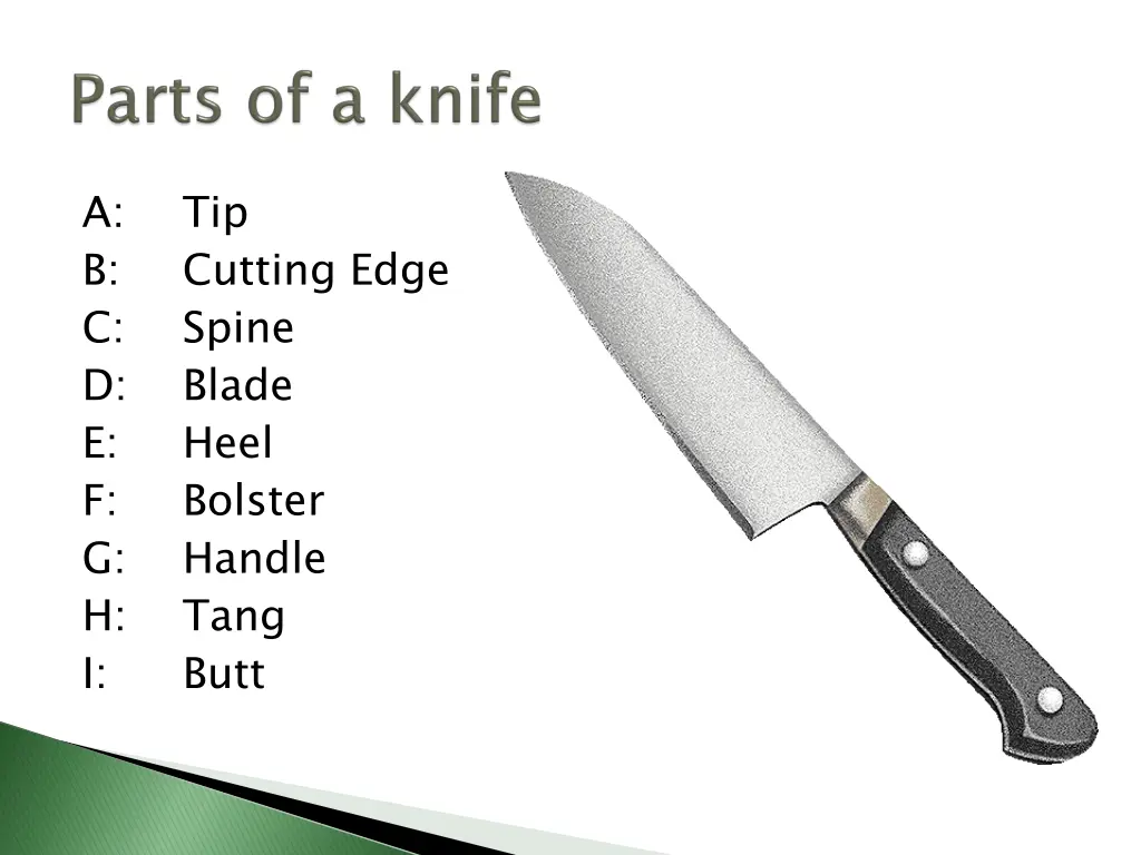 a tip b cutting edge c spine d blade e heel