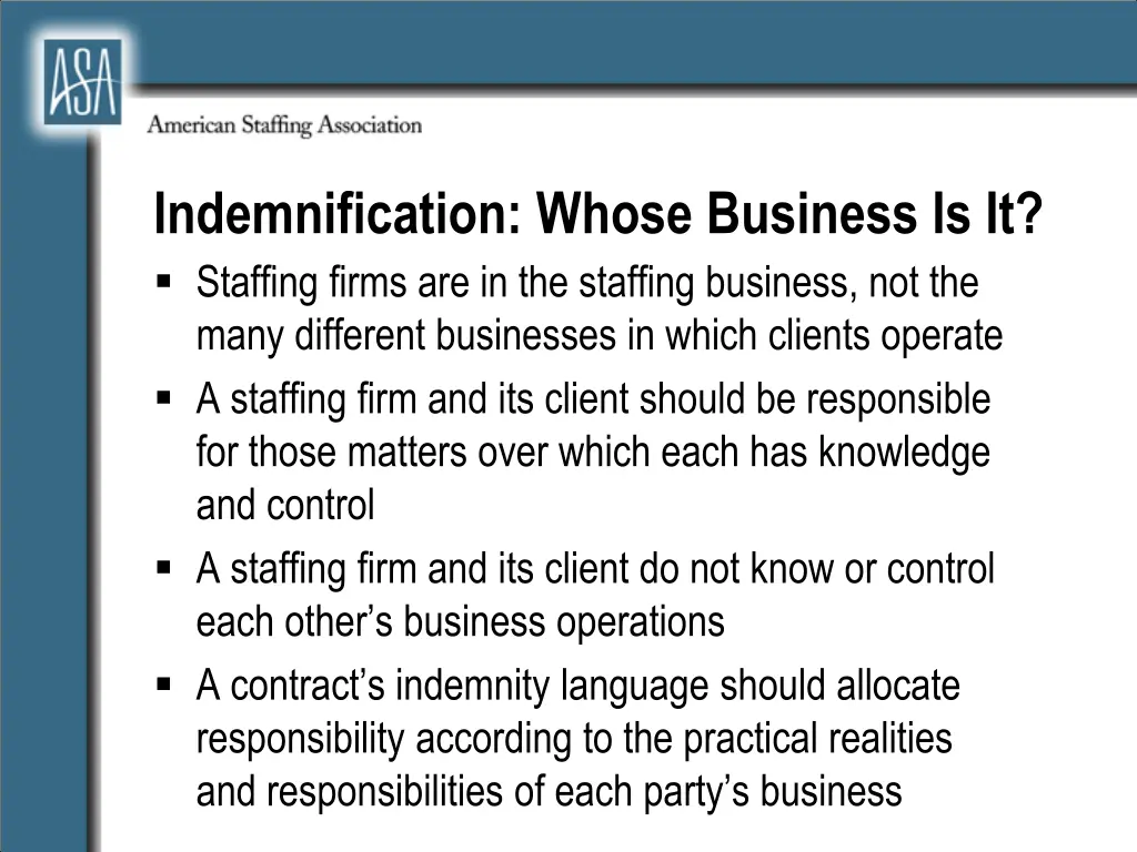 indemnification whose business is it staffing