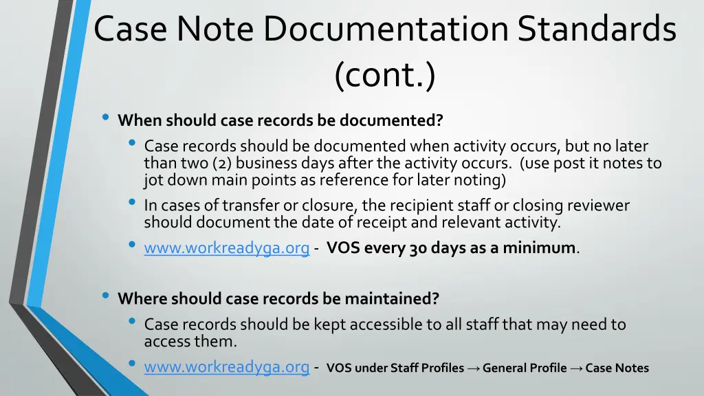 case note documentation standards cont when