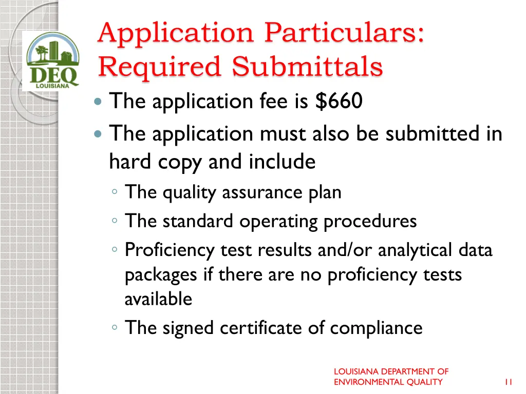 application particulars required submittals