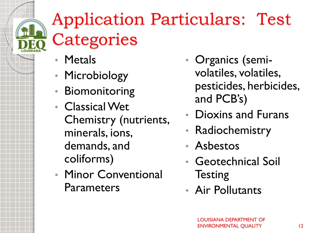 application particulars test categories metals