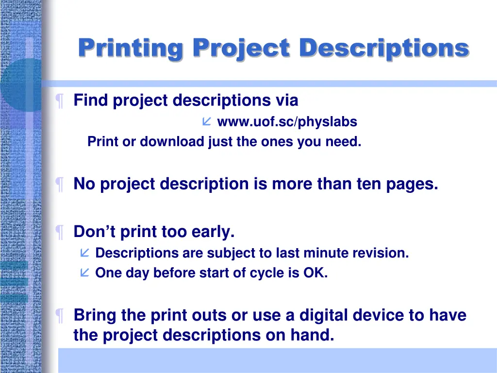 printing project descriptions