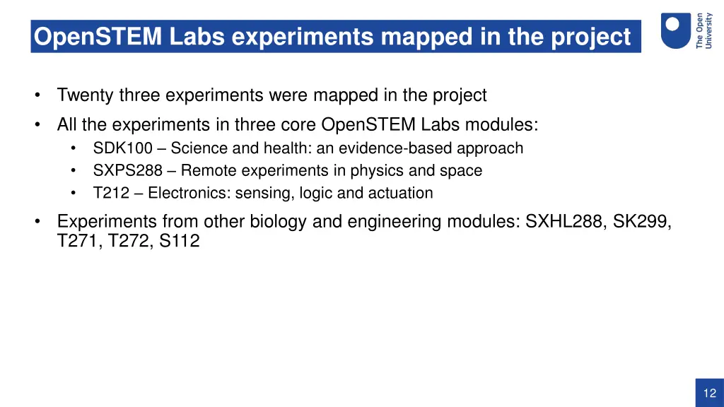 openstem labs experiments mapped in the project