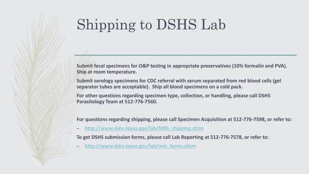 shipping to dshs lab