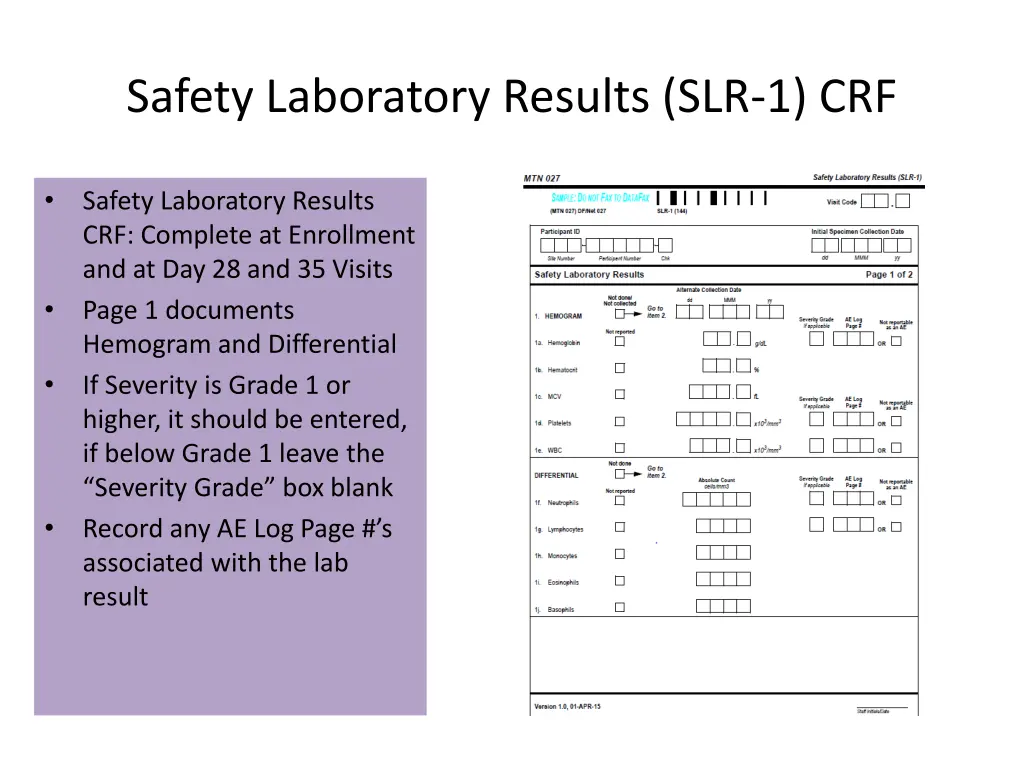 safety laboratory results slr 1 crf