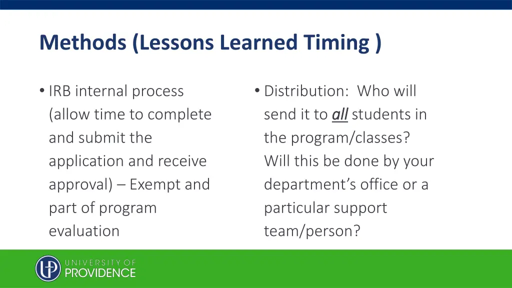 methods lessons learned timing