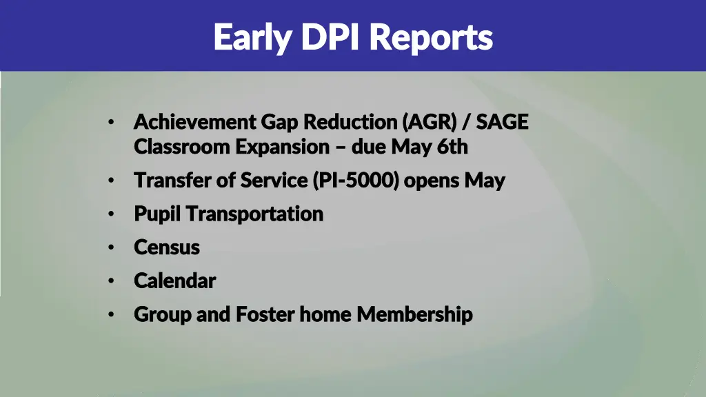 early dpi reports early dpi reports