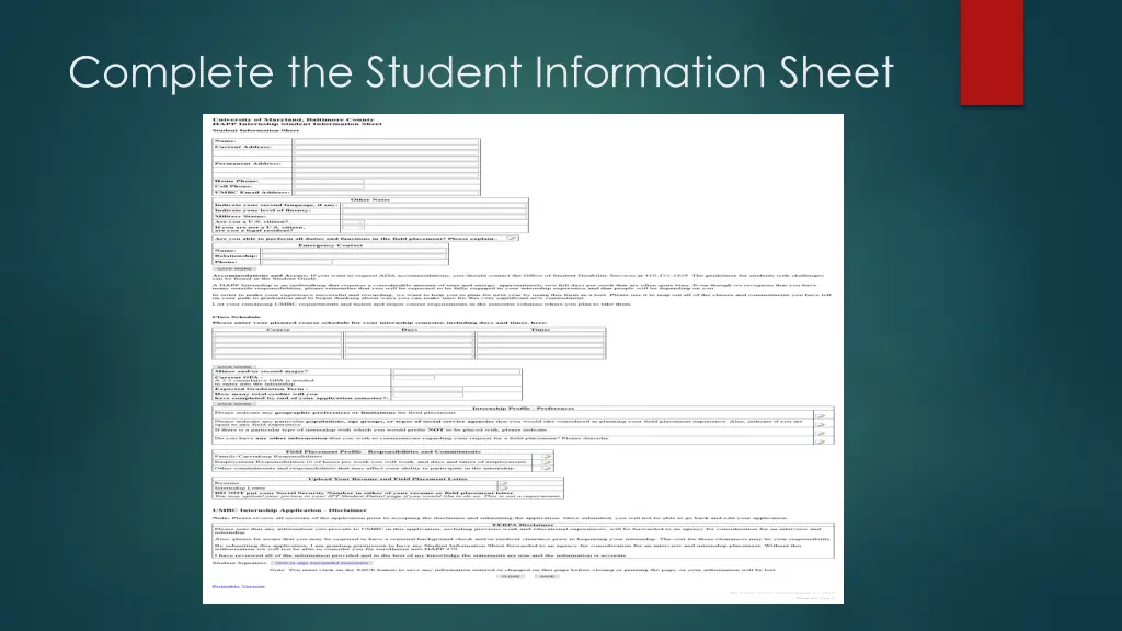 complete the student information sheet