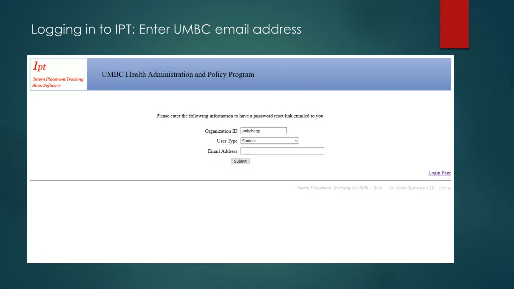 logging in to ipt enter umbc email address