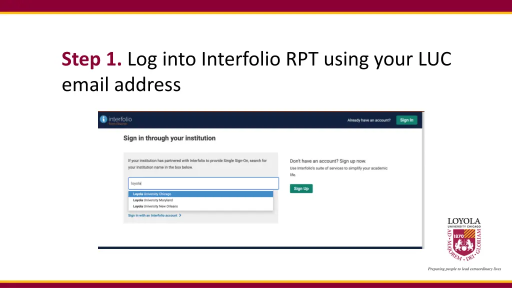 step 1 log into interfolio rpt using your