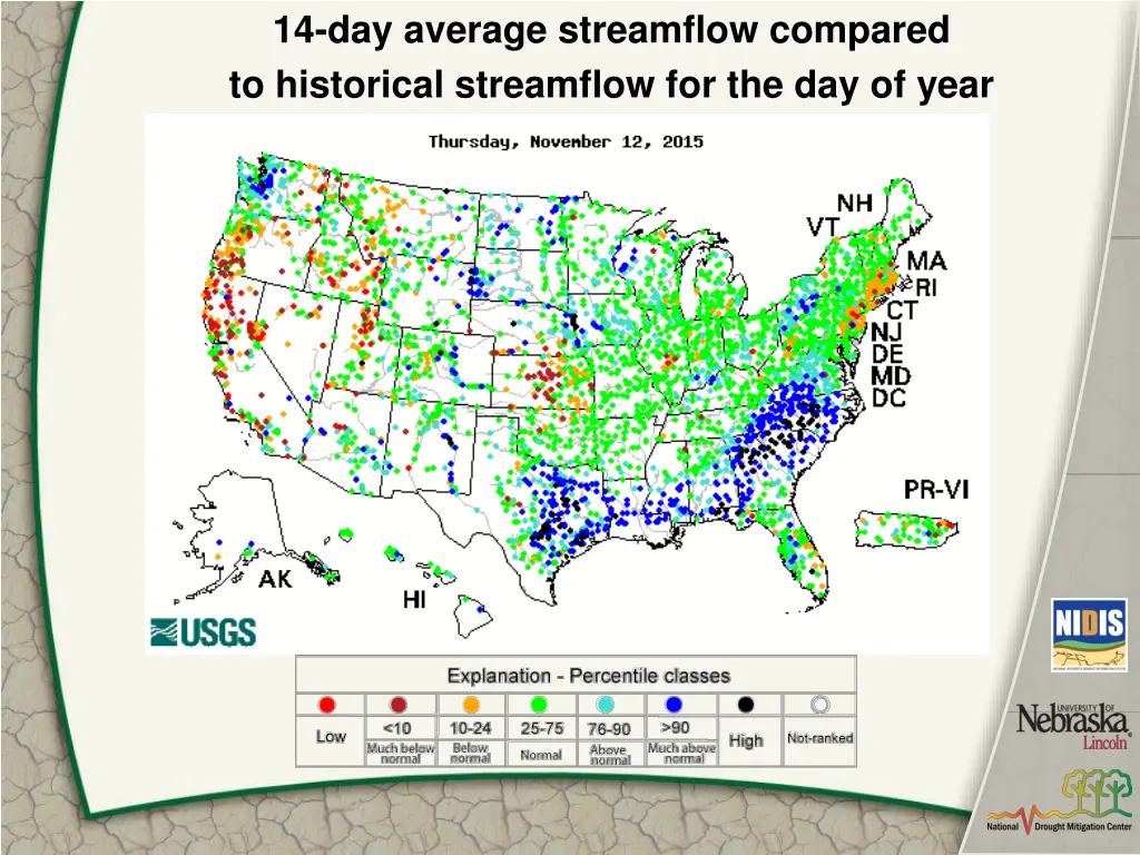 14 day average streamflow compared to historical